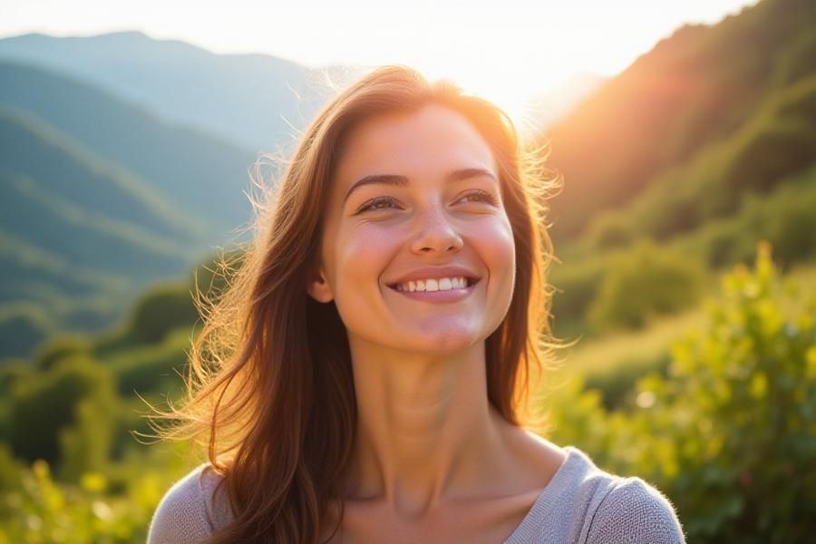 디지털 디톡스 후 평온한 미소를 짓는 사람의 모습